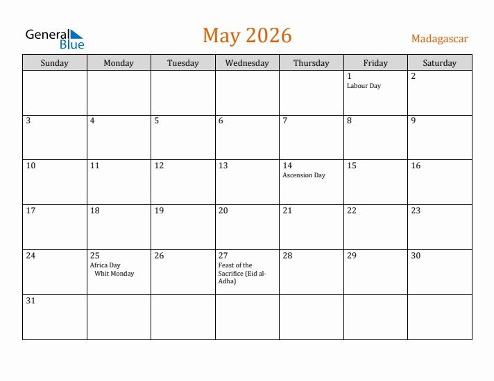 May 2026 Holiday Calendar with Sunday Start