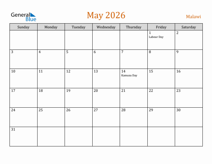 May 2026 Holiday Calendar with Sunday Start