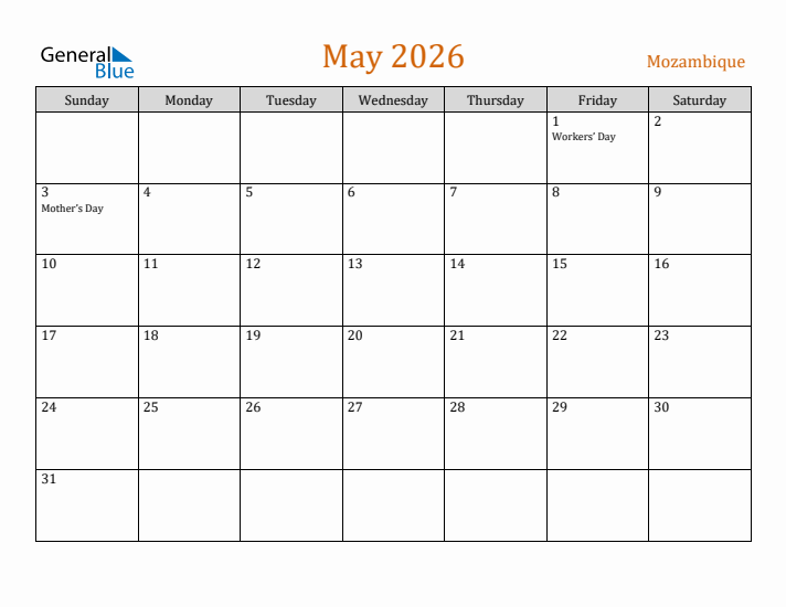 May 2026 Holiday Calendar with Sunday Start