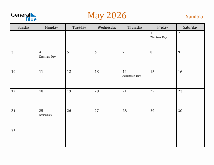 May 2026 Holiday Calendar with Sunday Start