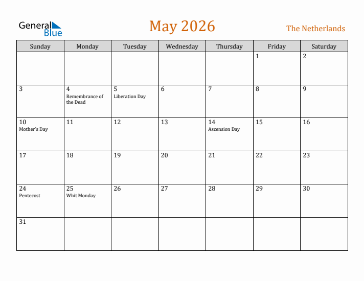 May 2026 Holiday Calendar with Sunday Start