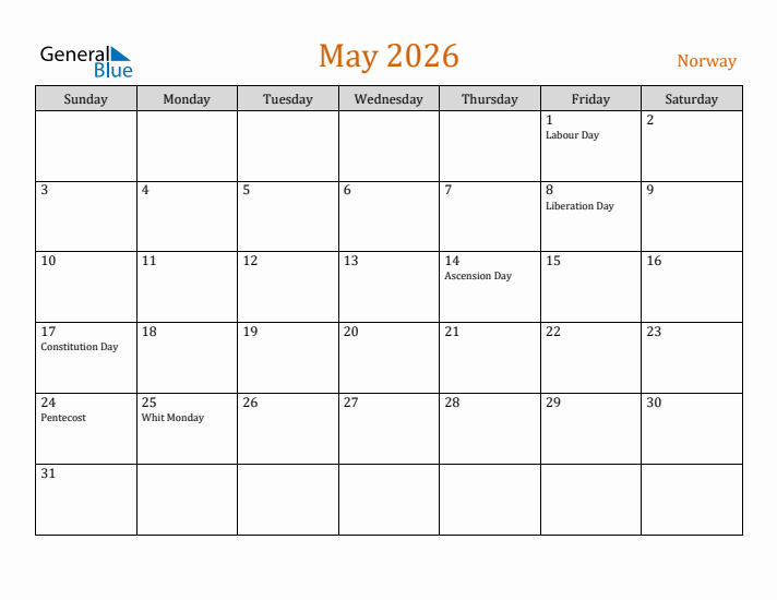 May 2026 Holiday Calendar with Sunday Start