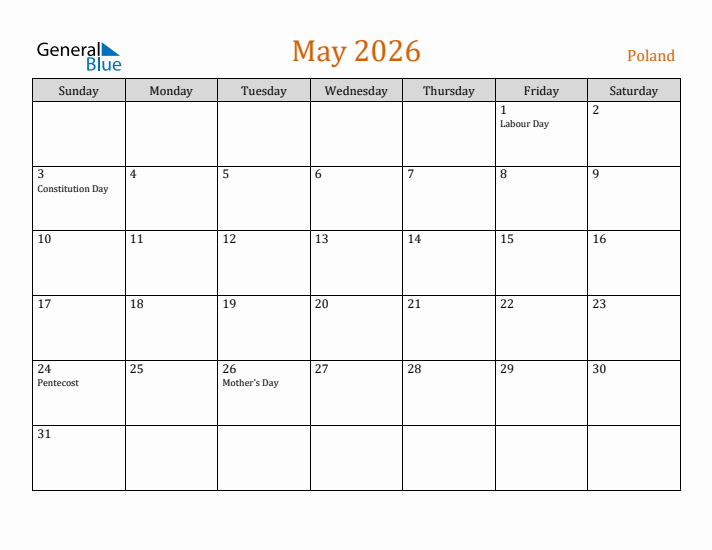 May 2026 Holiday Calendar with Sunday Start