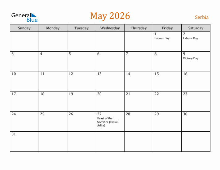 May 2026 Holiday Calendar with Sunday Start