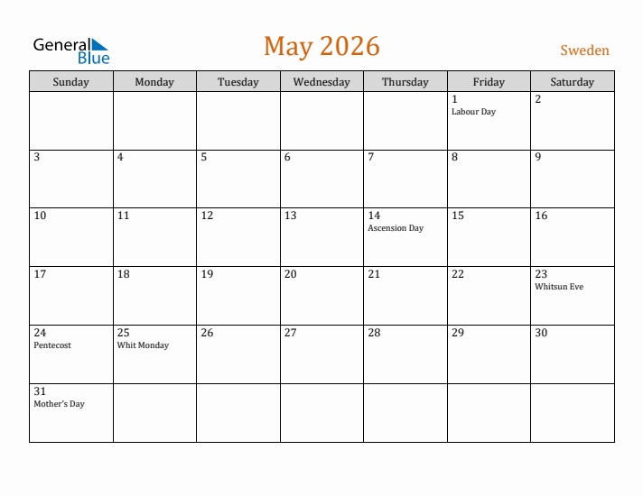 May 2026 Holiday Calendar with Sunday Start