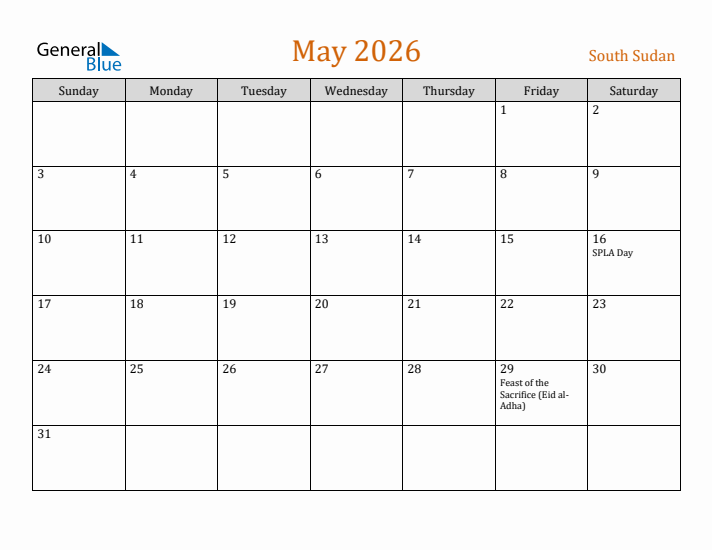 May 2026 Holiday Calendar with Sunday Start