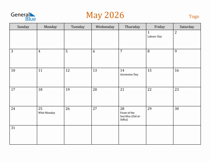 May 2026 Holiday Calendar with Sunday Start