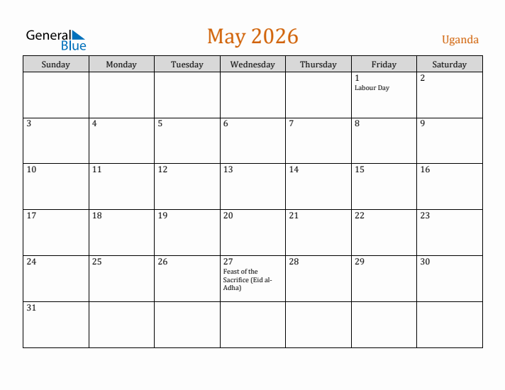 May 2026 Holiday Calendar with Sunday Start