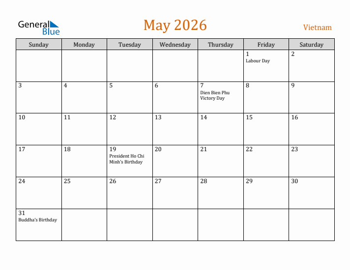 May 2026 Holiday Calendar with Sunday Start