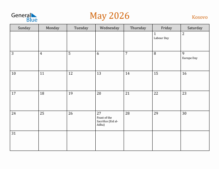 May 2026 Holiday Calendar with Sunday Start