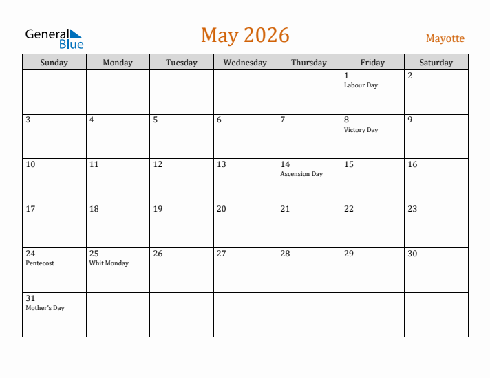 May 2026 Holiday Calendar with Sunday Start