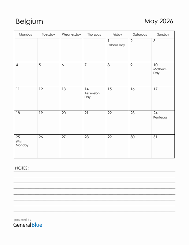 May 2026 Belgium Calendar with Holidays (Monday Start)