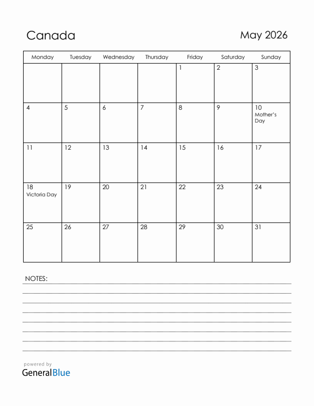May 2026 Canada Calendar with Holidays (Monday Start)