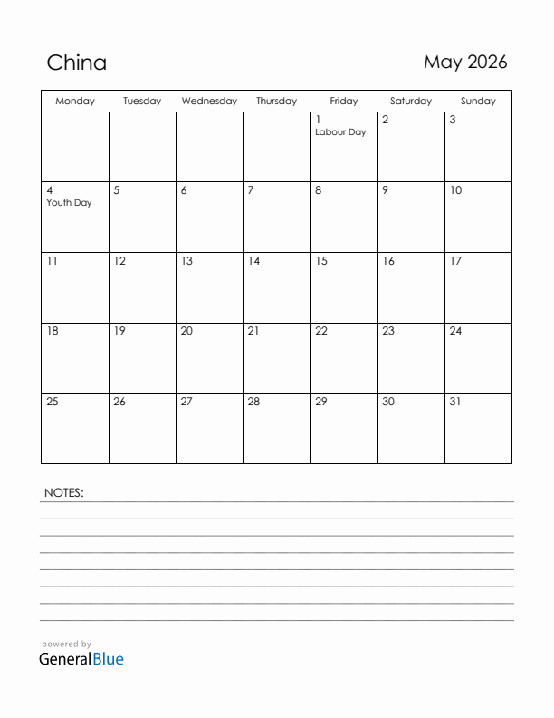 May 2026 China Calendar with Holidays (Monday Start)