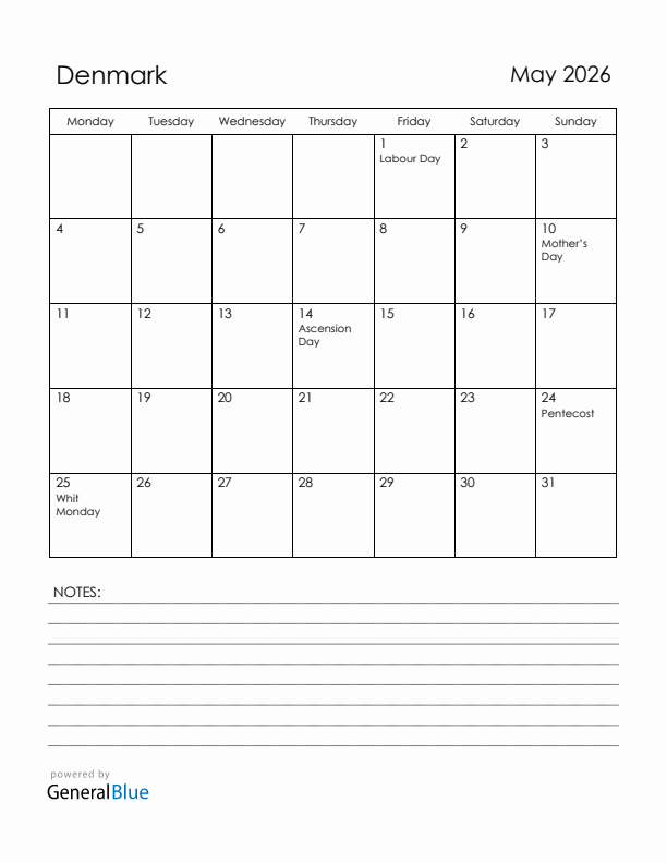 May 2026 Denmark Calendar with Holidays (Monday Start)