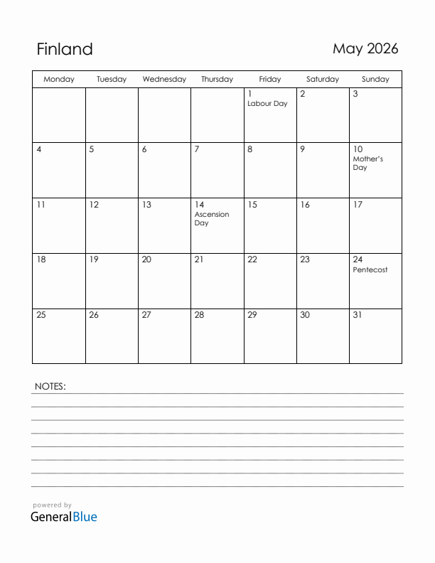 May 2026 Finland Calendar with Holidays (Monday Start)