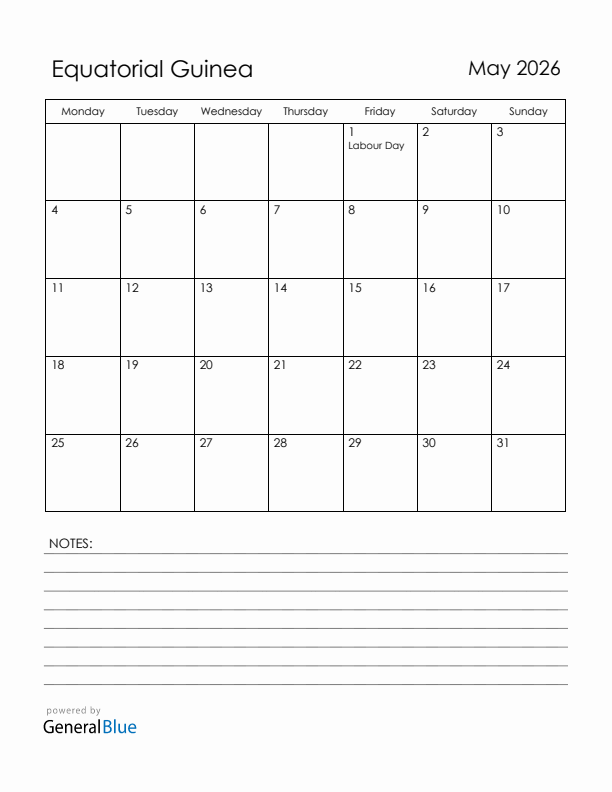 May 2026 Equatorial Guinea Calendar with Holidays (Monday Start)