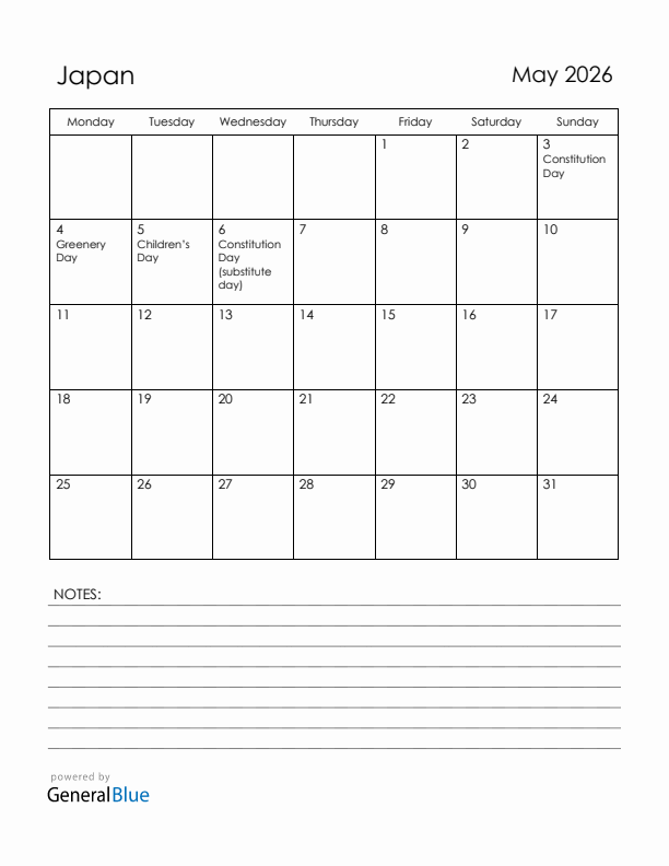 May 2026 Japan Calendar with Holidays (Monday Start)
