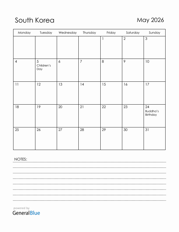 May 2026 South Korea Calendar with Holidays (Monday Start)