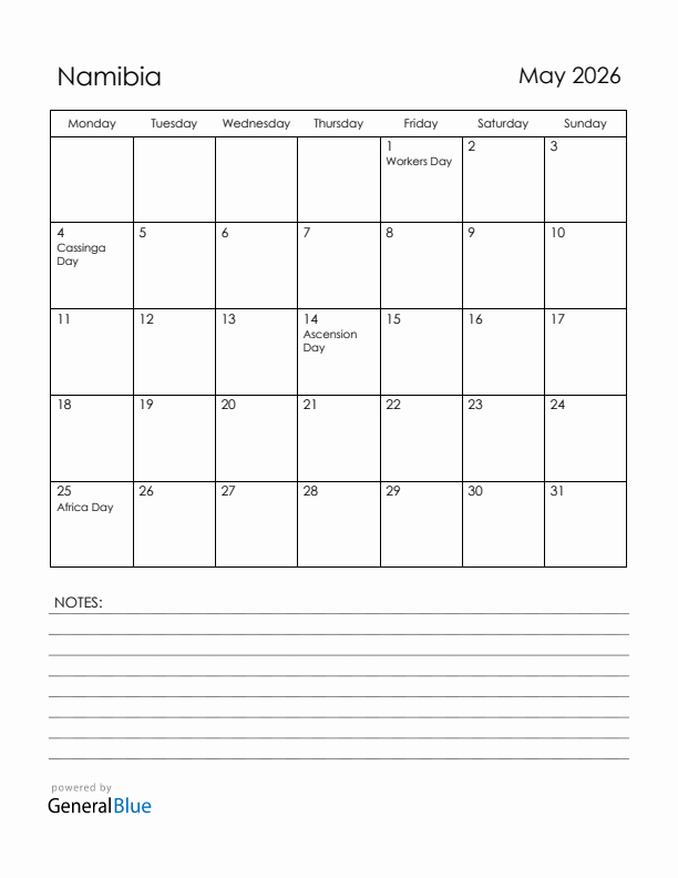 May 2026 Namibia Calendar with Holidays (Monday Start)