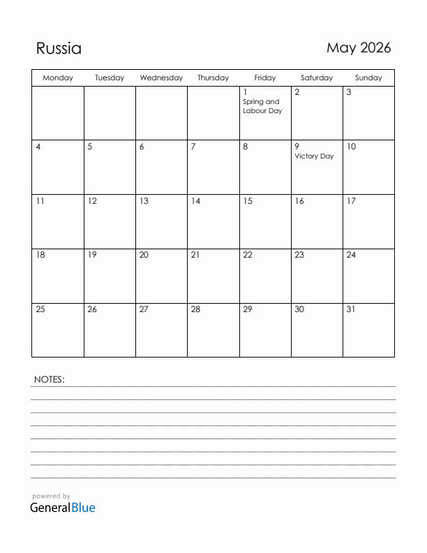 May 2026 Russia Calendar with Holidays (Monday Start)