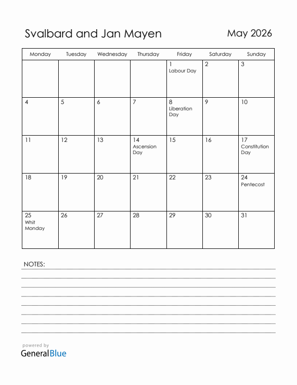 May 2026 Svalbard and Jan Mayen Calendar with Holidays (Monday Start)