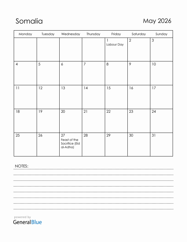 May 2026 Somalia Calendar with Holidays (Monday Start)