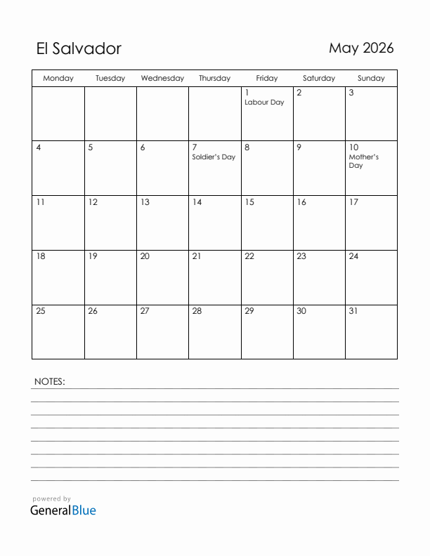 May 2026 El Salvador Calendar with Holidays (Monday Start)