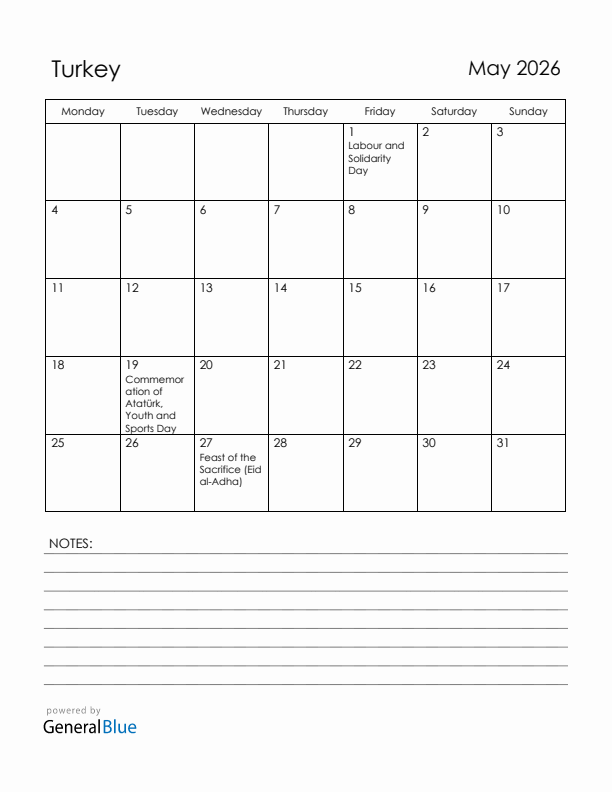 May 2026 Turkey Calendar with Holidays (Monday Start)