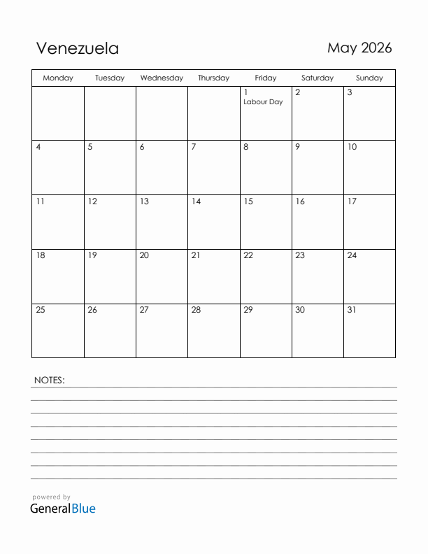 May 2026 Venezuela Calendar with Holidays (Monday Start)