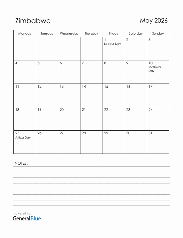 May 2026 Zimbabwe Calendar with Holidays (Monday Start)