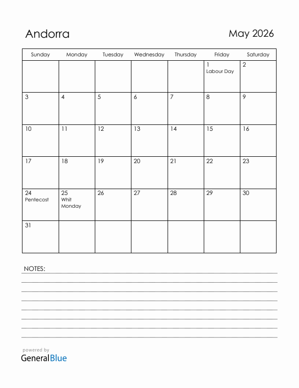 May 2026 Andorra Calendar with Holidays (Sunday Start)