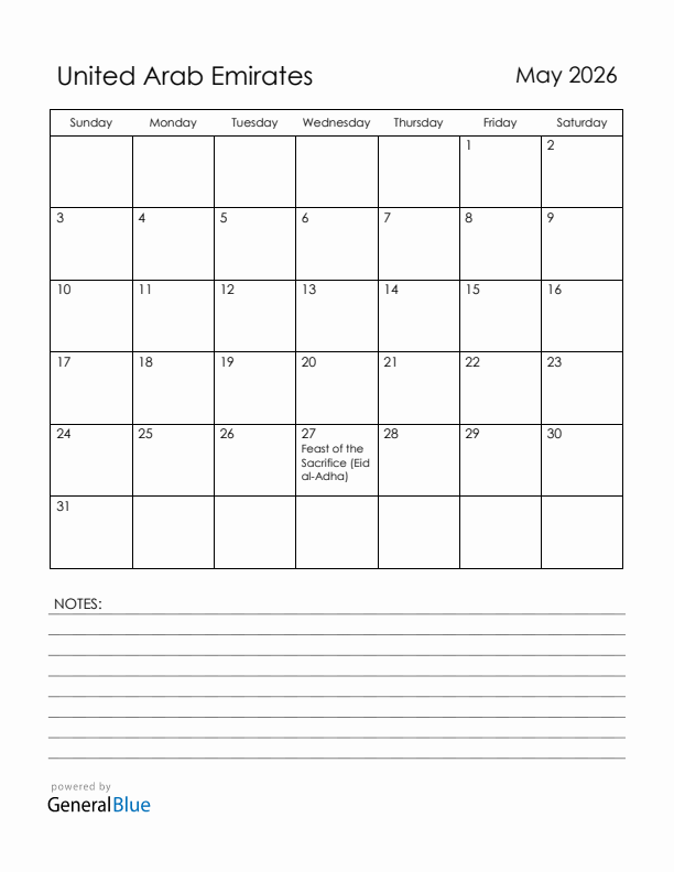 May 2026 United Arab Emirates Calendar with Holidays (Sunday Start)