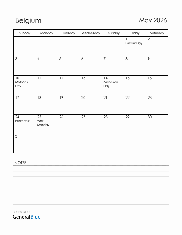 May 2026 Belgium Calendar with Holidays (Sunday Start)
