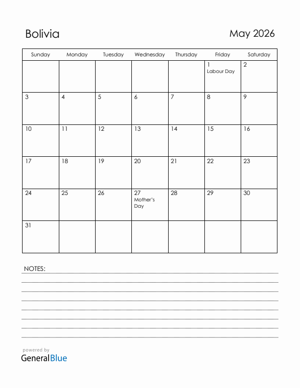 May 2026 Bolivia Calendar with Holidays (Sunday Start)