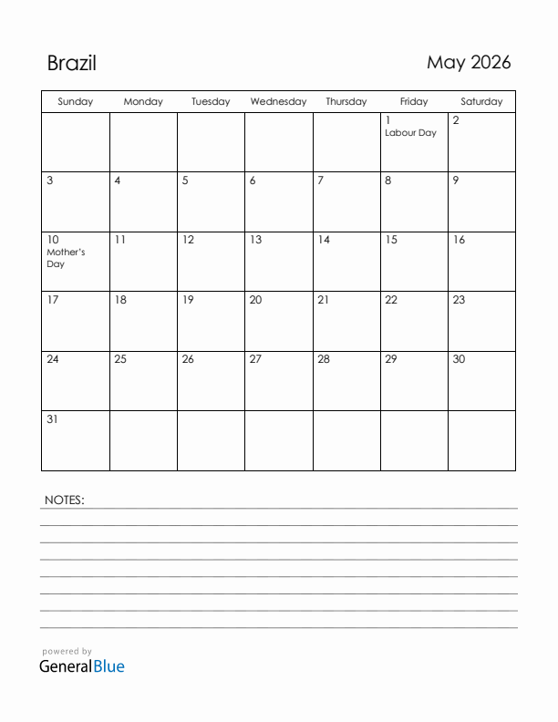 May 2026 Brazil Calendar with Holidays (Sunday Start)