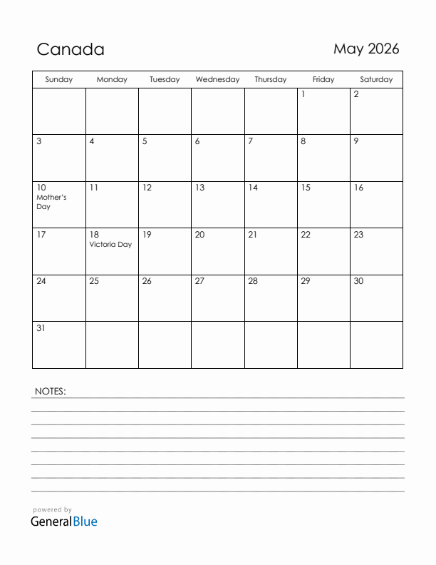 May 2026 Canada Calendar with Holidays (Sunday Start)