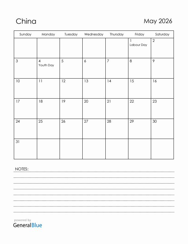 May 2026 China Calendar with Holidays (Sunday Start)