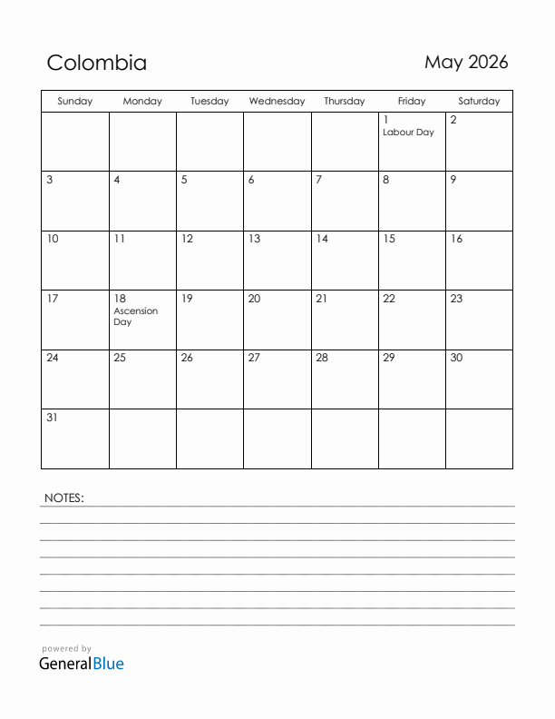 May 2026 Colombia Calendar with Holidays (Sunday Start)