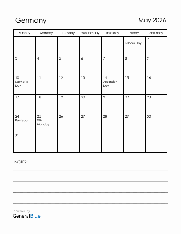 May 2026 Germany Calendar with Holidays (Sunday Start)