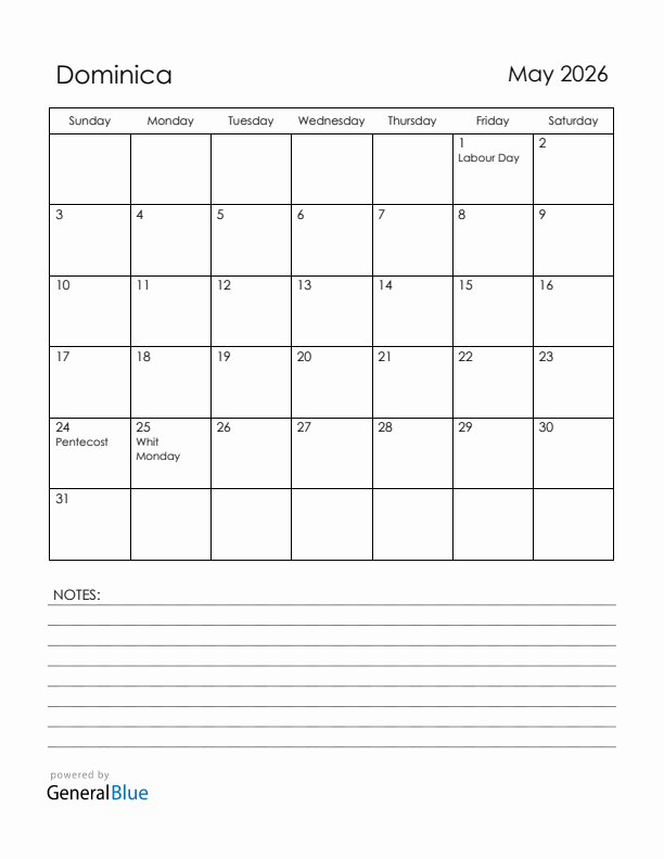 May 2026 Dominica Calendar with Holidays (Sunday Start)