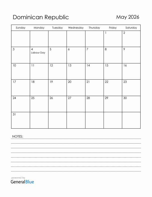 May 2026 Dominican Republic Calendar with Holidays (Sunday Start)