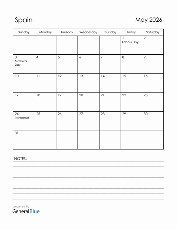 May 2026 Spain Calendar with Holidays (Sunday Start)