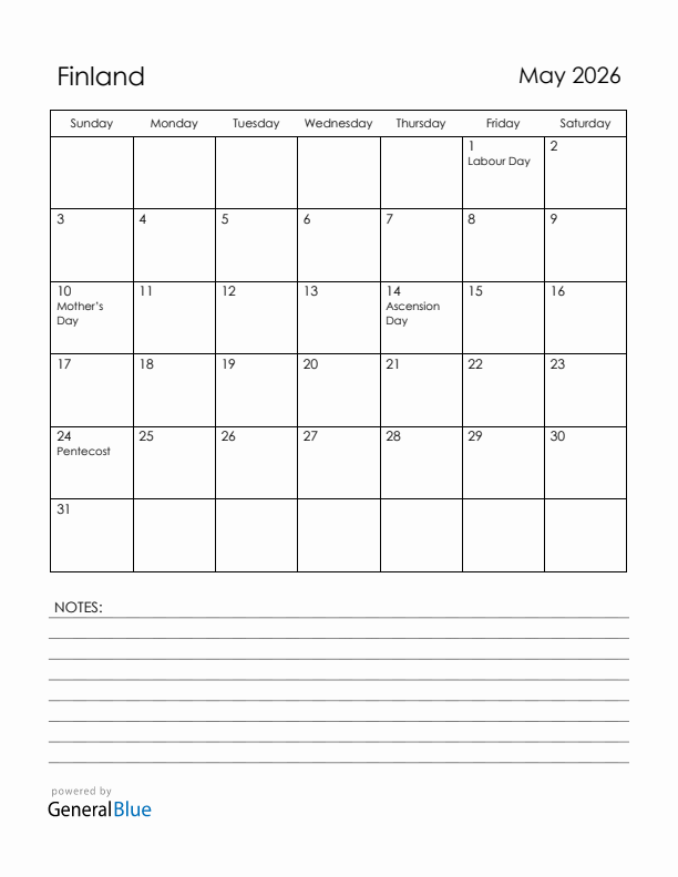 May 2026 Finland Calendar with Holidays (Sunday Start)