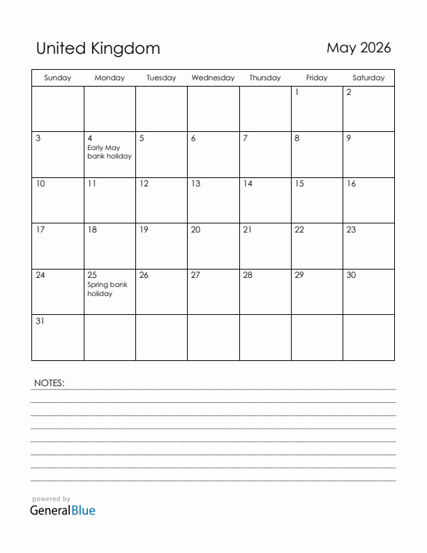 May 2026 United Kingdom Calendar with Holidays (Sunday Start)