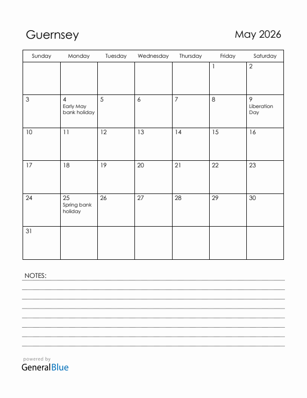 May 2026 Guernsey Calendar with Holidays (Sunday Start)