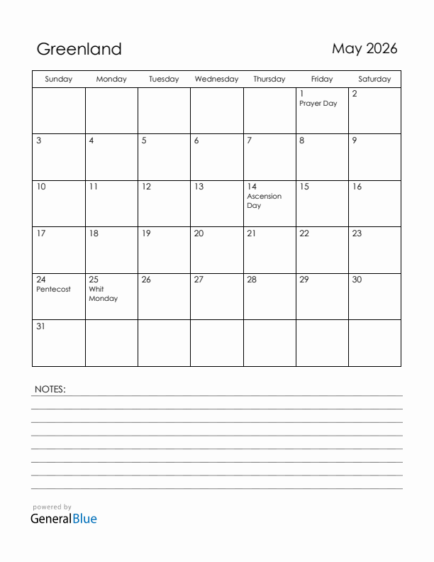 May 2026 Greenland Calendar with Holidays (Sunday Start)