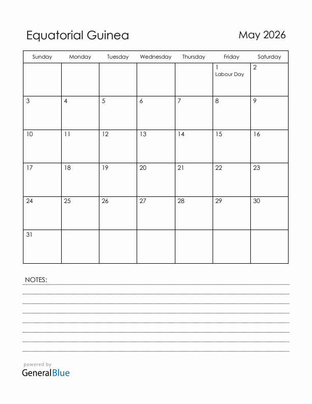 May 2026 Equatorial Guinea Calendar with Holidays (Sunday Start)