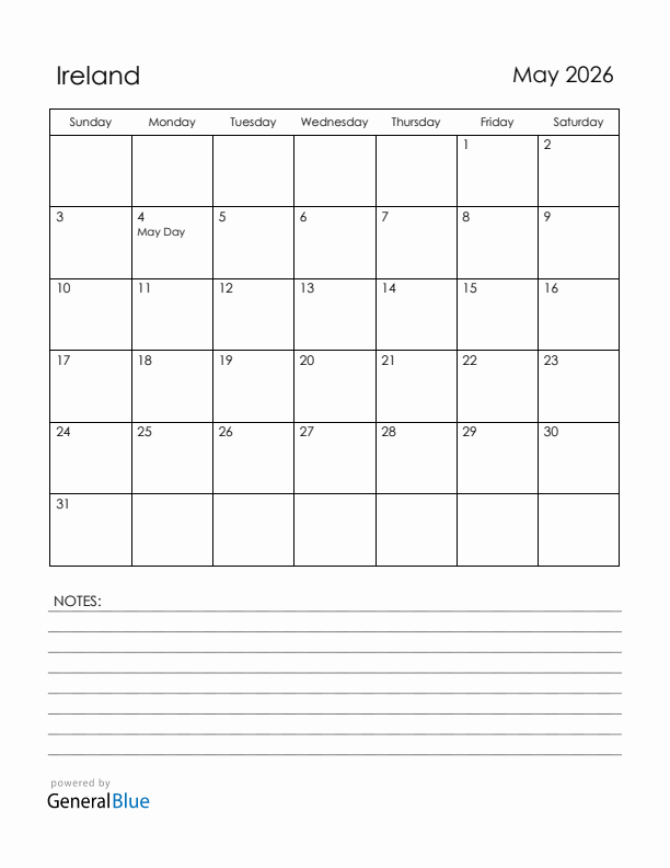 May 2026 Ireland Calendar with Holidays (Sunday Start)