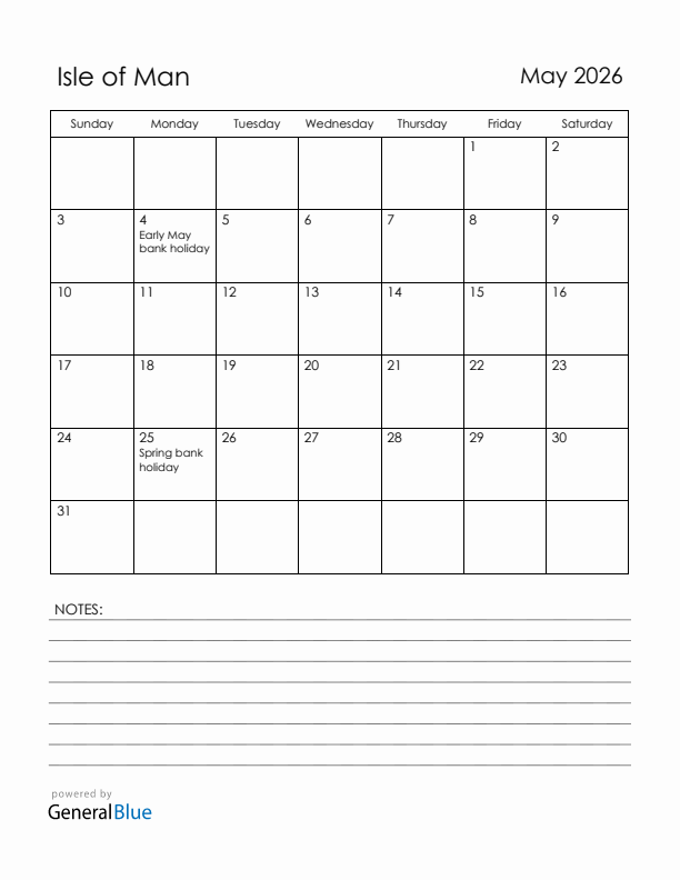 May 2026 Isle of Man Calendar with Holidays (Sunday Start)